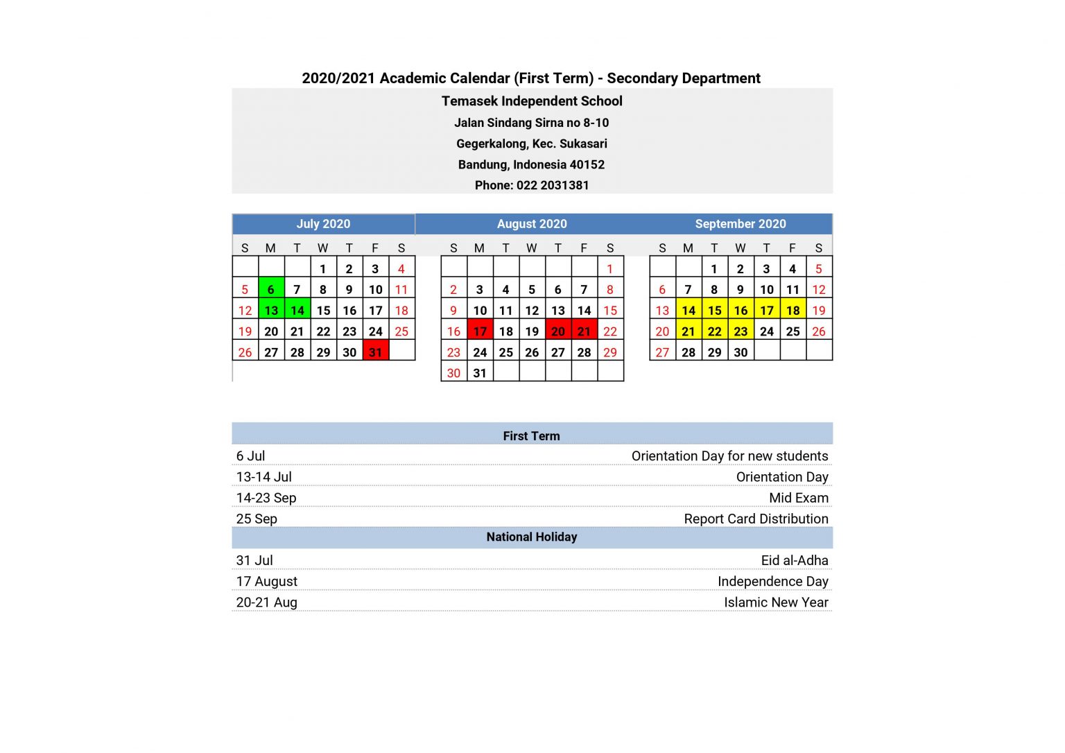 Academic Calendar Secondary Temasek Independent School Bandung